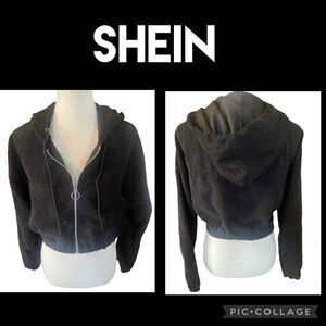SHEIN Black Cropped Corduroy Hooded Long Sleeve Full Zip Jacket Size Small-NWOT